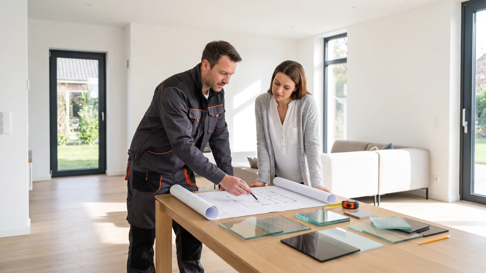 Ein Handwerker einer Glaserei berät eine Kundin mit Bauplänen und Glasmustern in einem modernen Zuhause.