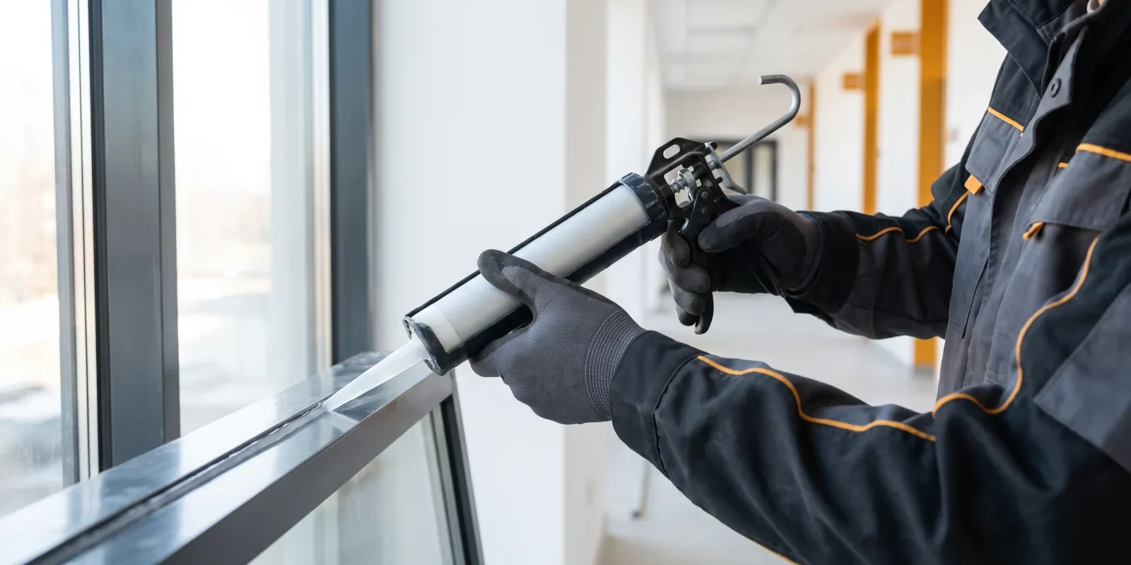 imagen_1789366969_613a00cc Ein Handwerker führt professionelle Glasreparaturen durch, indem er Dichtmasse an den Fensterrahmen aufträgt.