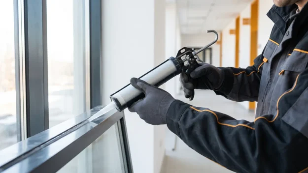 Ein Handwerker führt professionelle Glasreparaturen durch, indem er Dichtmasse an den Fensterrahmen aufträgt.