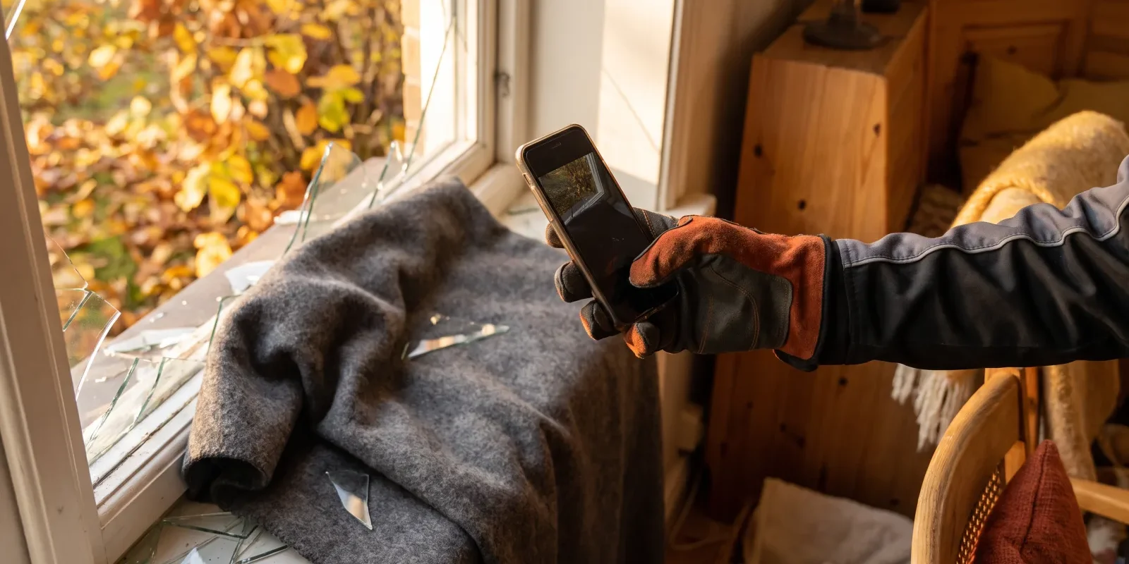 Glas kaputt: Eine behandschuhte Hand fotografiert ein zerbrochenes Fenster mit Glasscherben und Herbstlaub draußen.