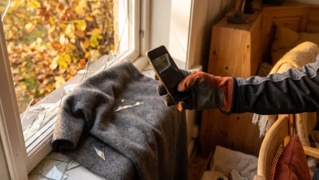 Glas kaputt: Eine behandschuhte Hand fotografiert ein zerbrochenes Fenster mit Glasscherben und Herbstlaub draußen.