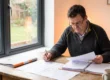 Haus isolieren Kosten: Ein Mann sitzt an einem Tisch und prüft Baupläne und Dokumente für eine Haussanierung.